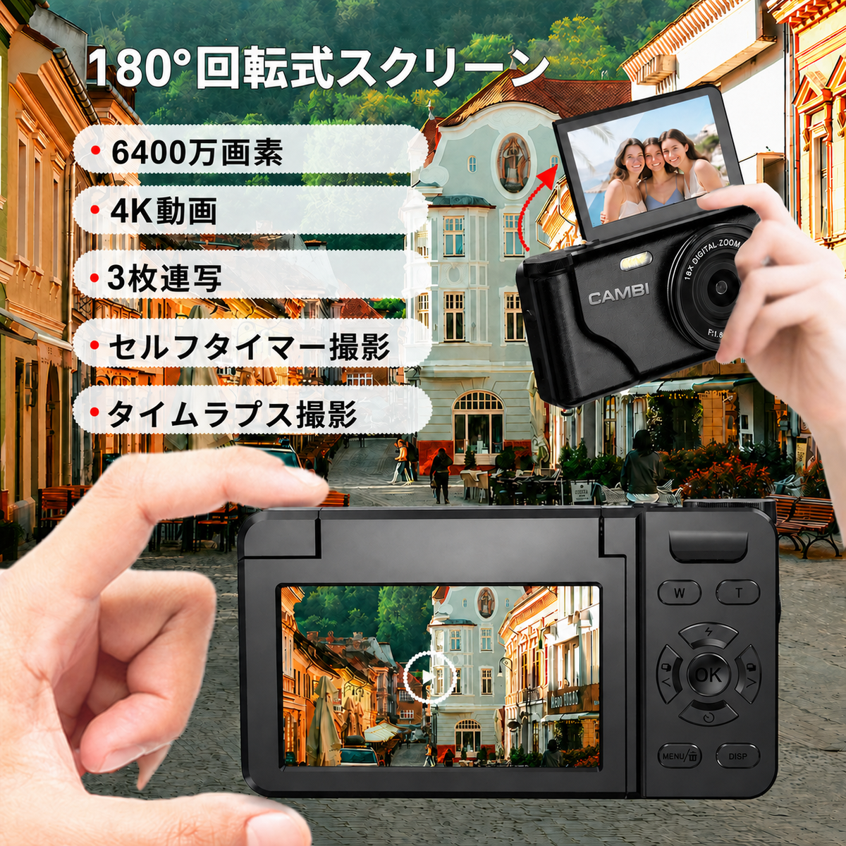 CAMBI Compact Digital Camera with 180° Flip Screen, Autofocus and Flash